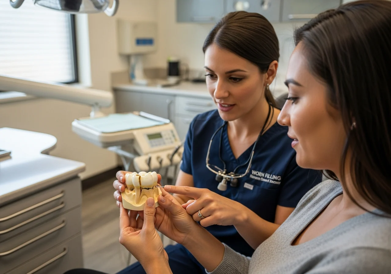 Dentist examining a patient’s tooth with a dental mirror and probe