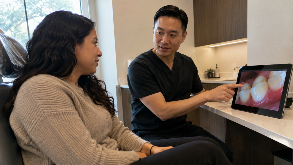 Dentist explaining why a dental concern may be monitored during a patient consultation.
