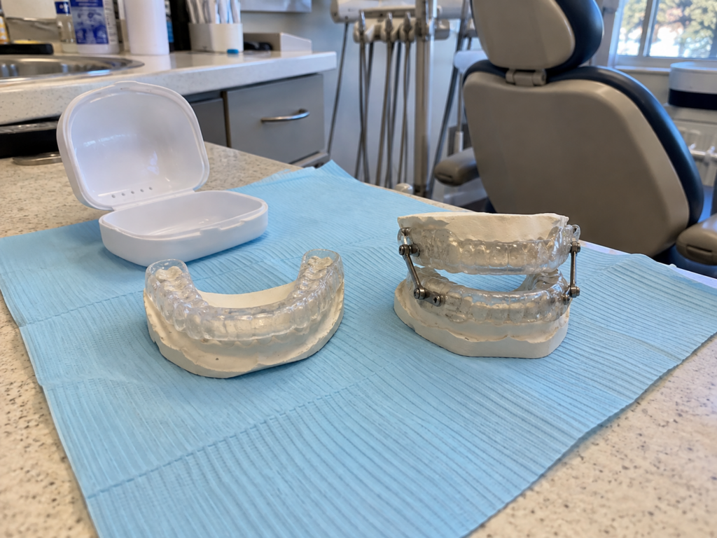 Clear night guard and two-piece sleep apnea oral appliance displayed on dental models beside a dental chair.